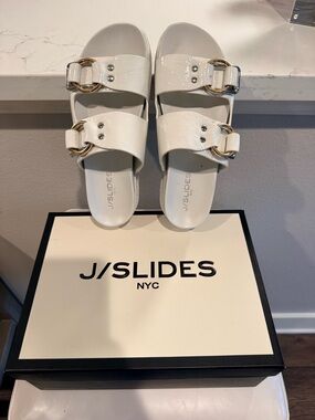 J/SLIDES White Double-Buckle Slide Sandals with Gold Accents